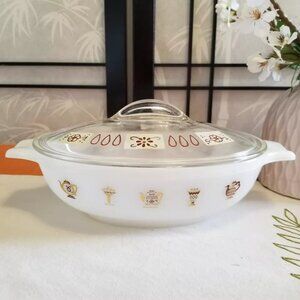 Glasbake 1 Quart Casserole Dish J-2274 Gold & Brown Toned Bowl With Lid